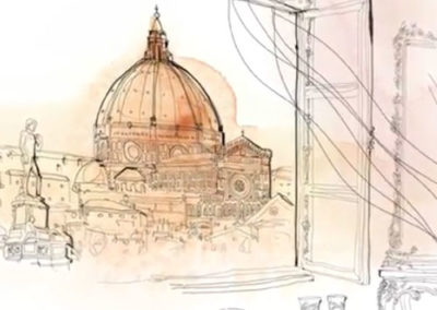 Donna e palazzo italiano. Water color animation